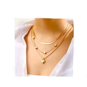 3 Pcs Stackable Hearts And Herringbone Chain Adjustable Necklaces Gold Colour